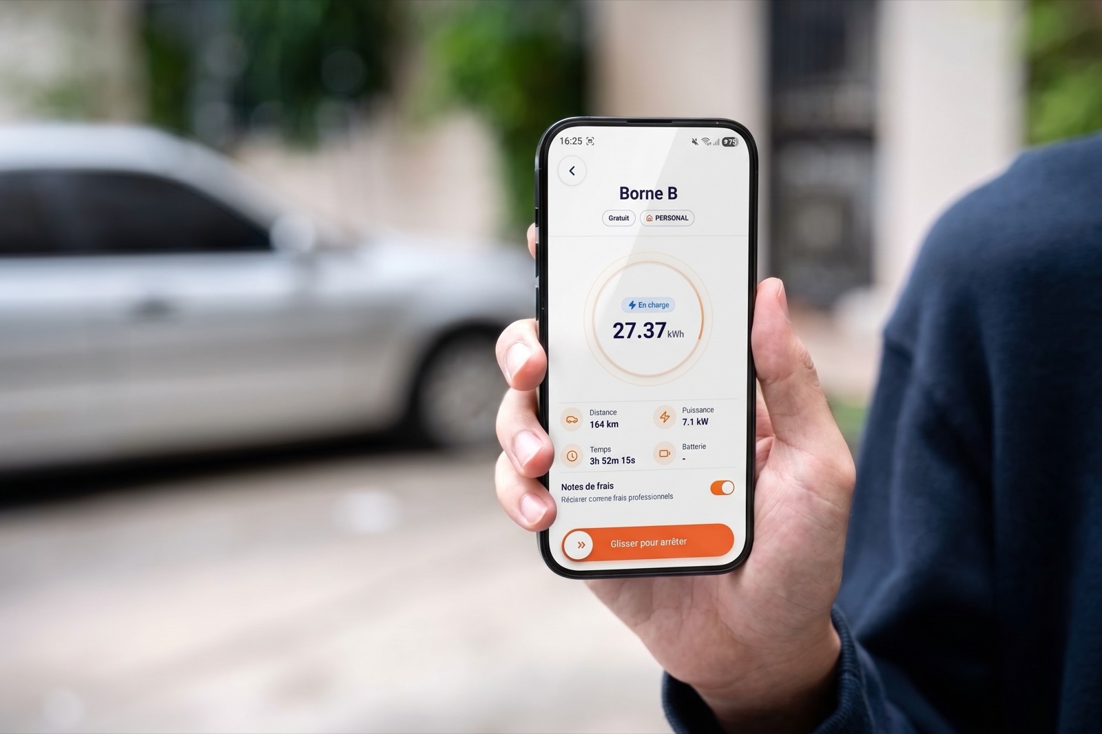 Suivi en temps réel d'une session de charge dans l'application Sparklin — énergie, puissance et temps restant